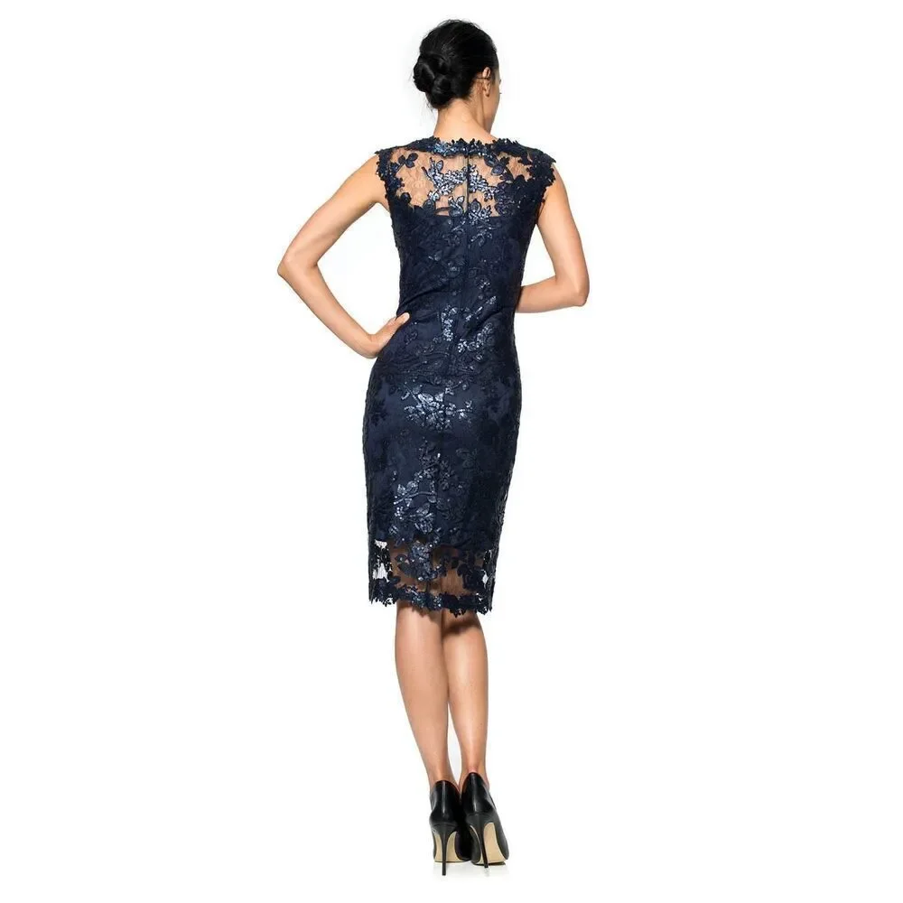 Tadashi Shoji Paillette Embroidered Lace Sheath Cocktail Dress Royal Navy Blue S - Picture 3 of 14